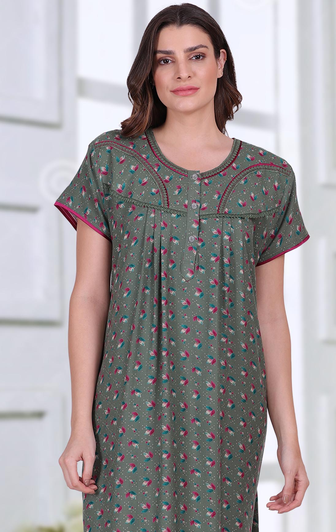 Floral Printed Cotton Long Green Nighty for ladies