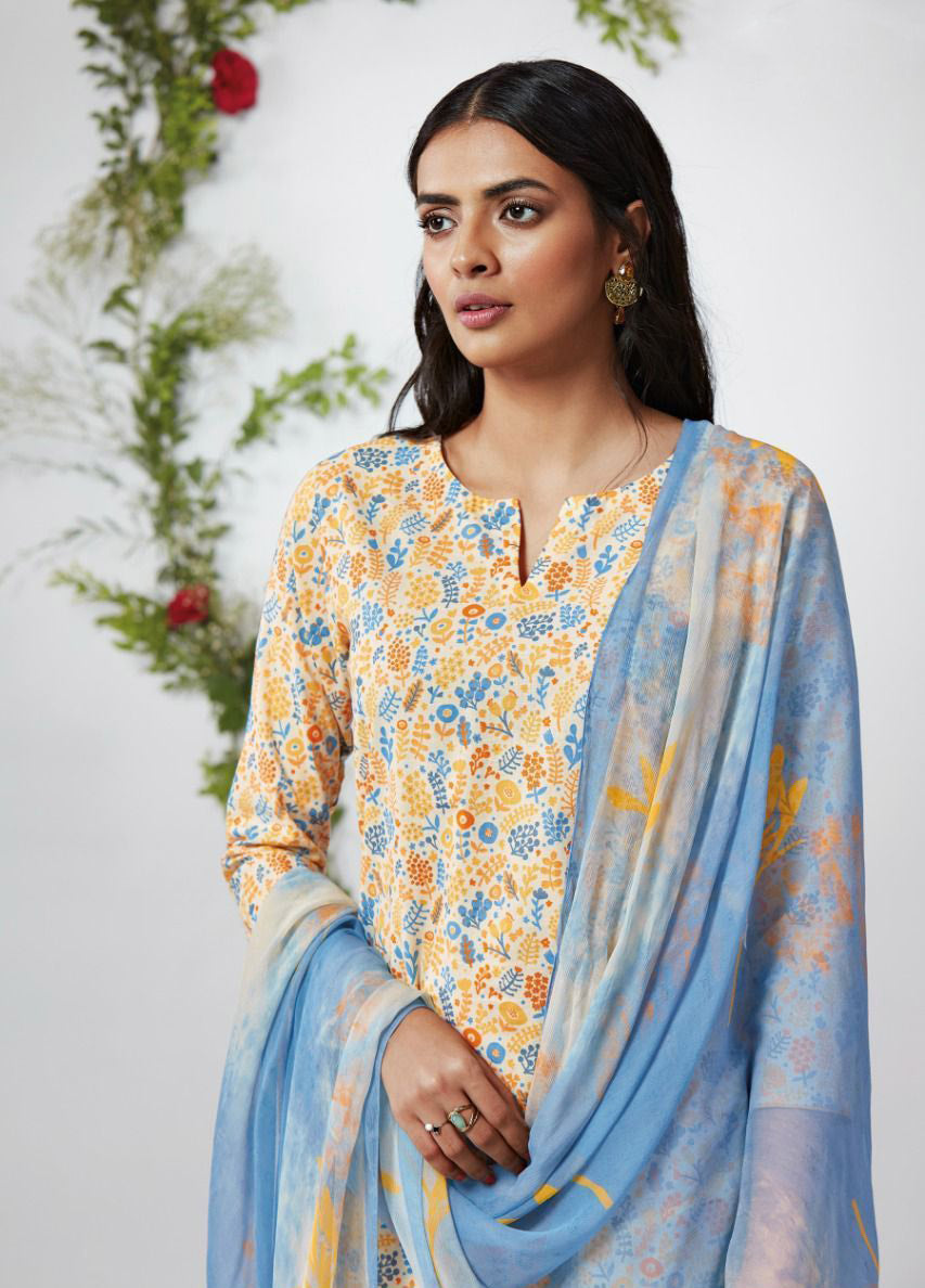 Ganga Cotton Unstitched Suit Material With Chiffon Dupatta