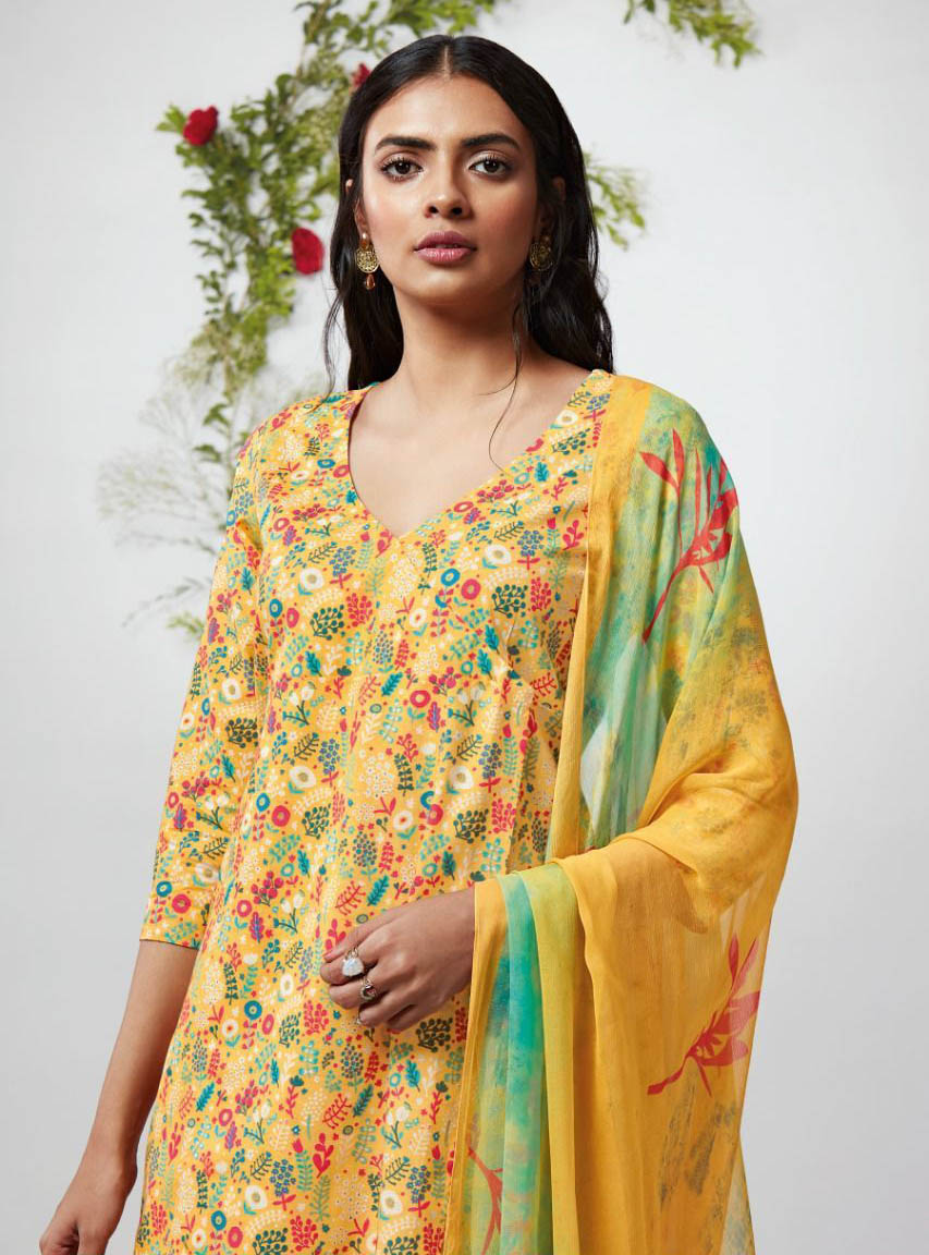 Ganga Cotton Unstitched Suit With Yellow Chiffon Dupatta