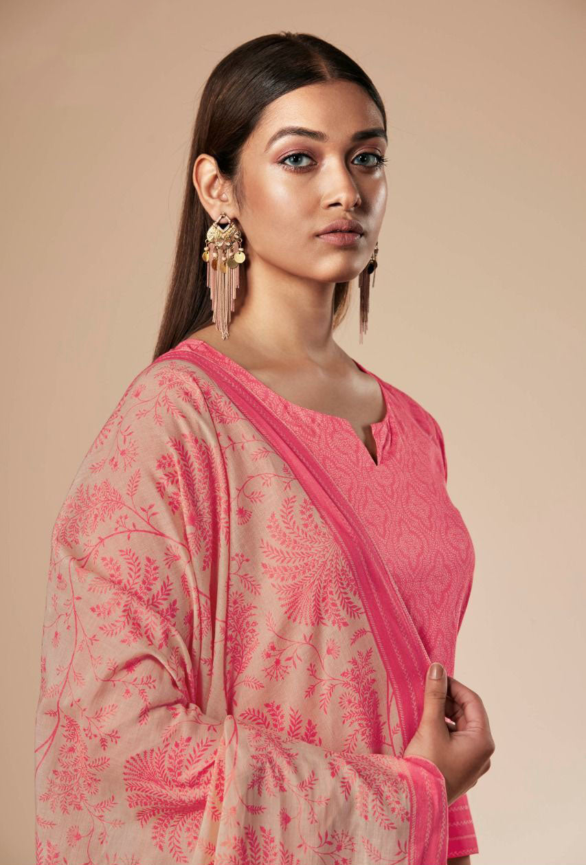 Ganga Unstitched Pink Cotton Printed Dress Material for Ladies
