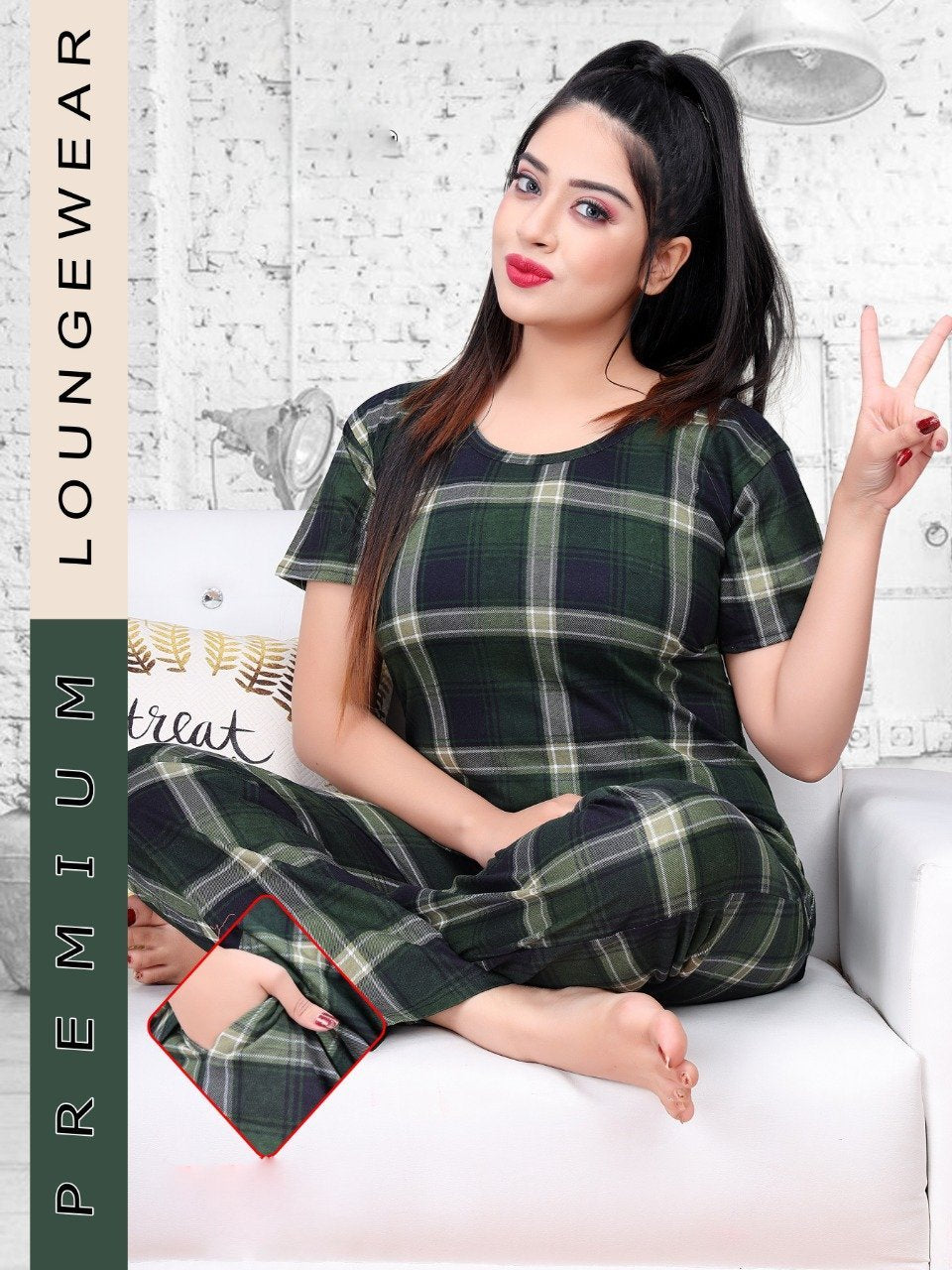 Green Checked Night suit for ladies with long Top and Pockets