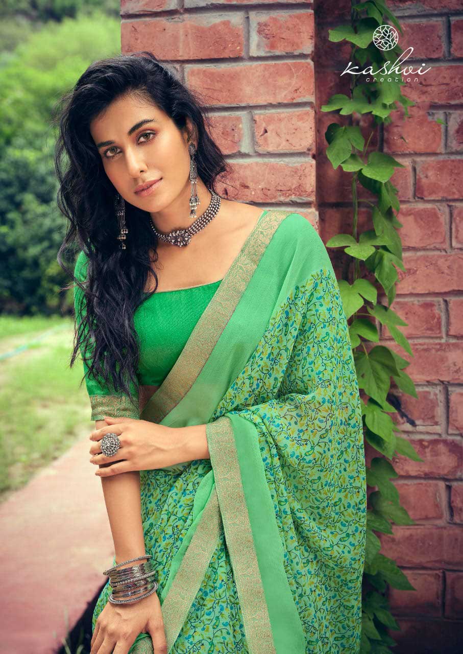 Green Chiffon Printed Fancy Lace Border Saree for Women