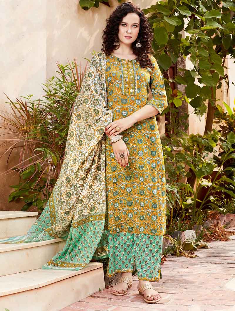 Green Cotton Kurti Pant Set with Dupatta