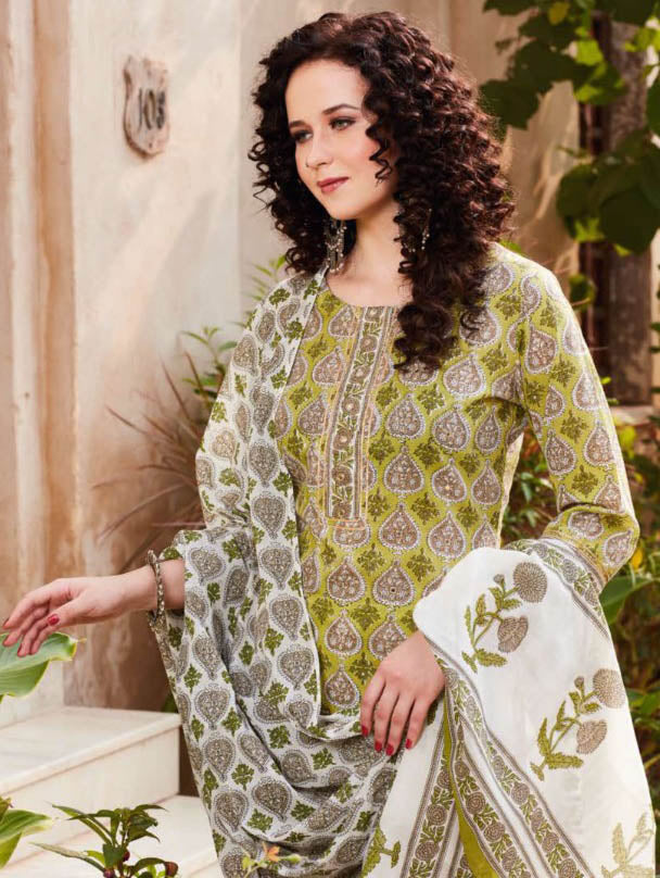 Green Cotton Kurti Pant Set with Dupatta