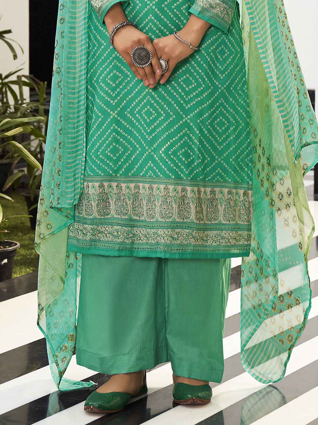 Unstitched Green Cotton Printed Suit Materials for Women with Dupatta