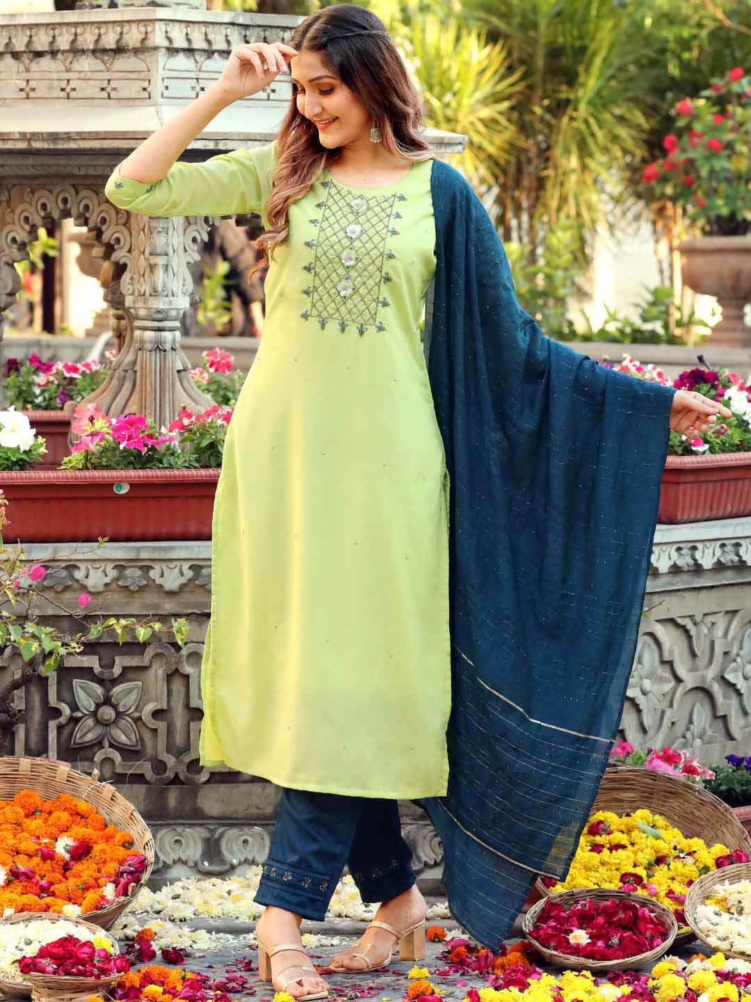 Green Cotton Silk Fully Stitched Suit with Banarasi Dupatta