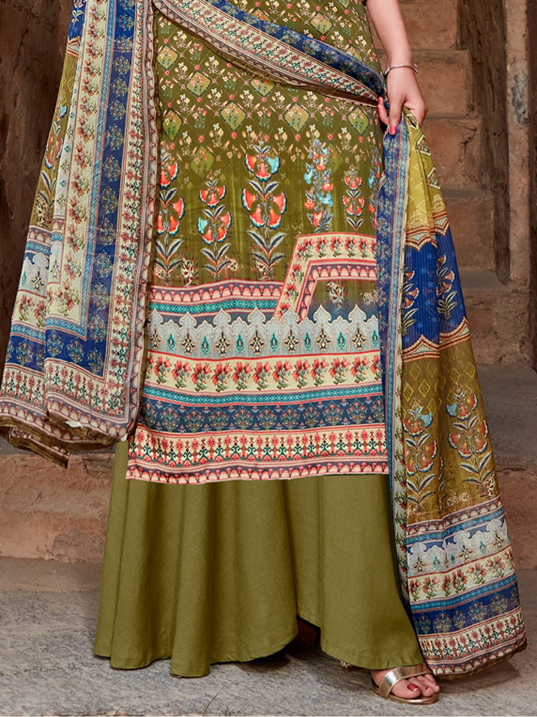 Women's Green Unstitched Cotton Suit Material with Chiffon Dupatta