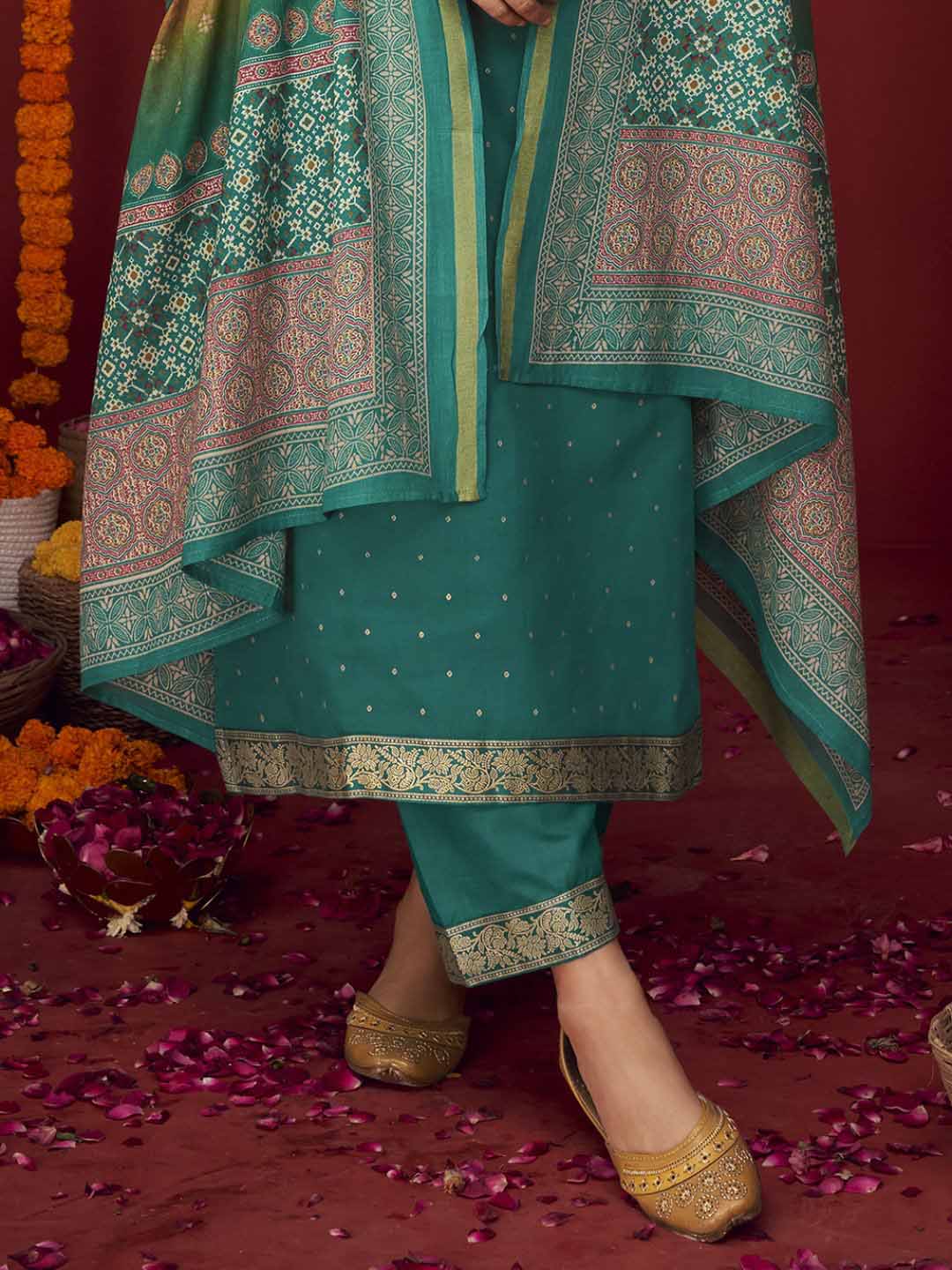 Unstitched Embroidered Cotton Satin Green Salwar Suit Material