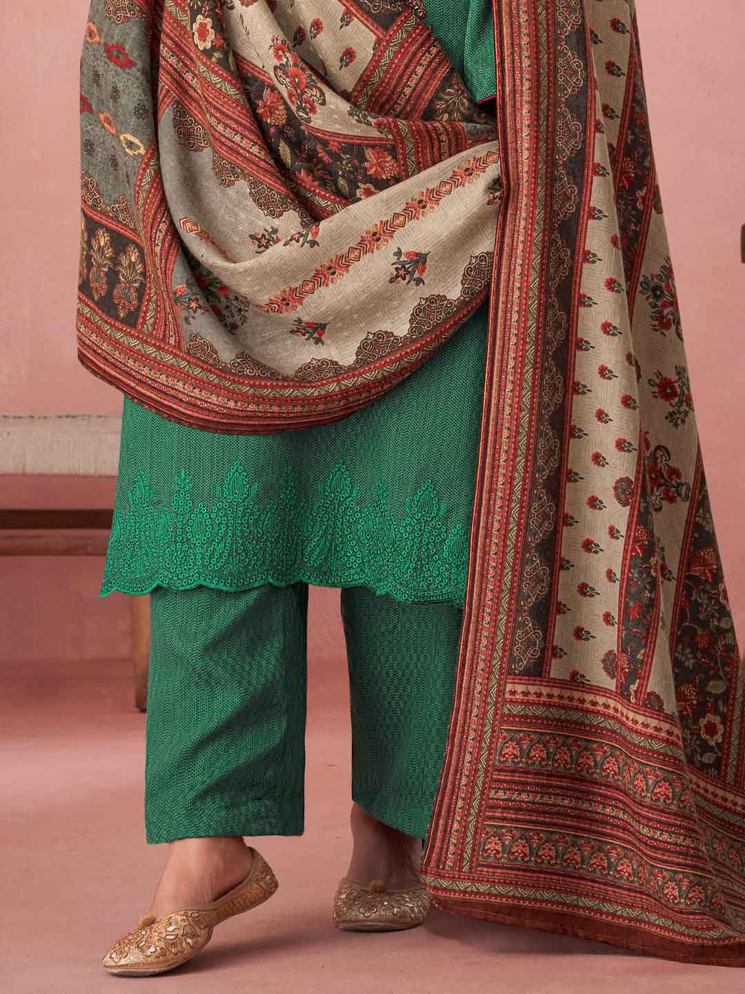 Green Pashmina Twill Embroidered Unstitched Winter Suit Set