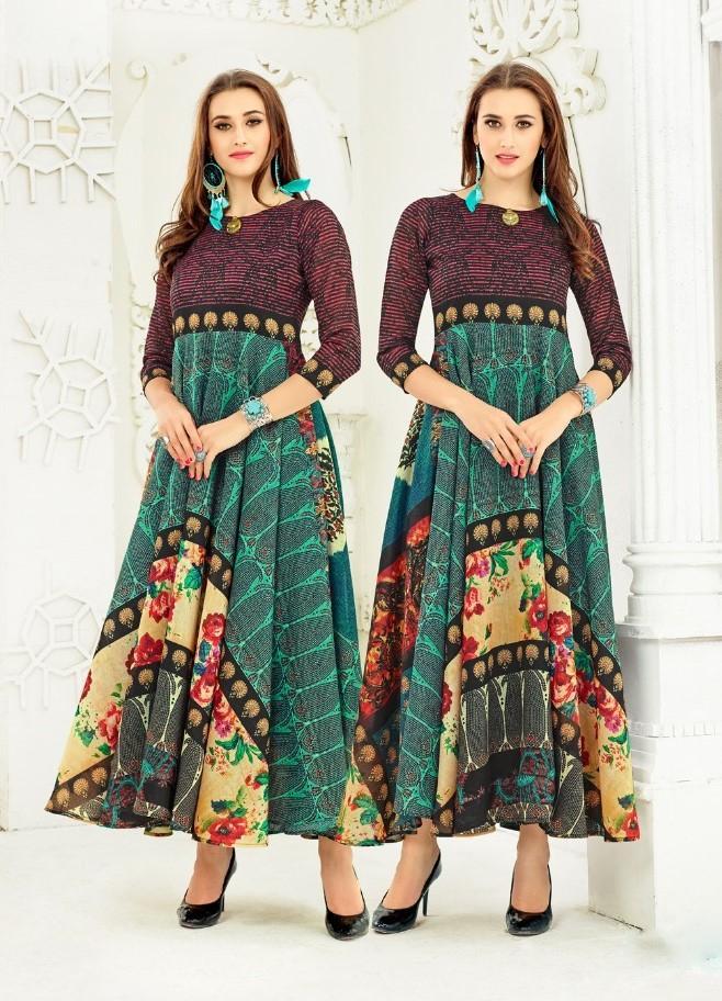 Green Printed Flared Silk Anarkali Kurta for Women
