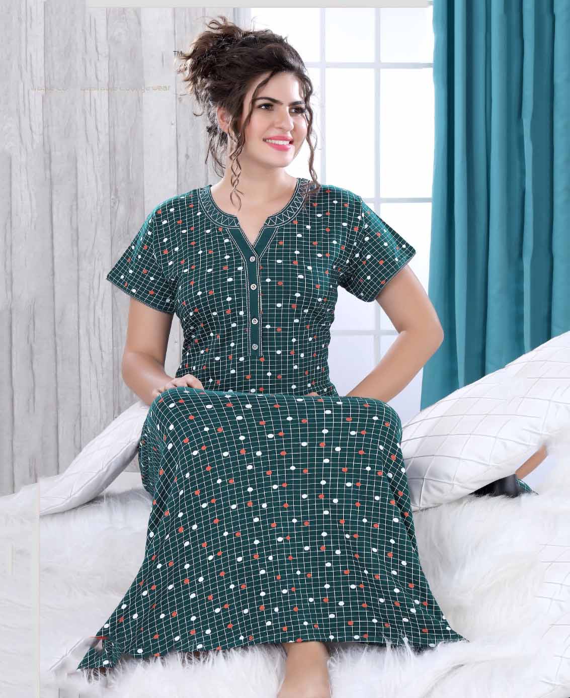 Green Printed Full Length Cotton Nighty for Women