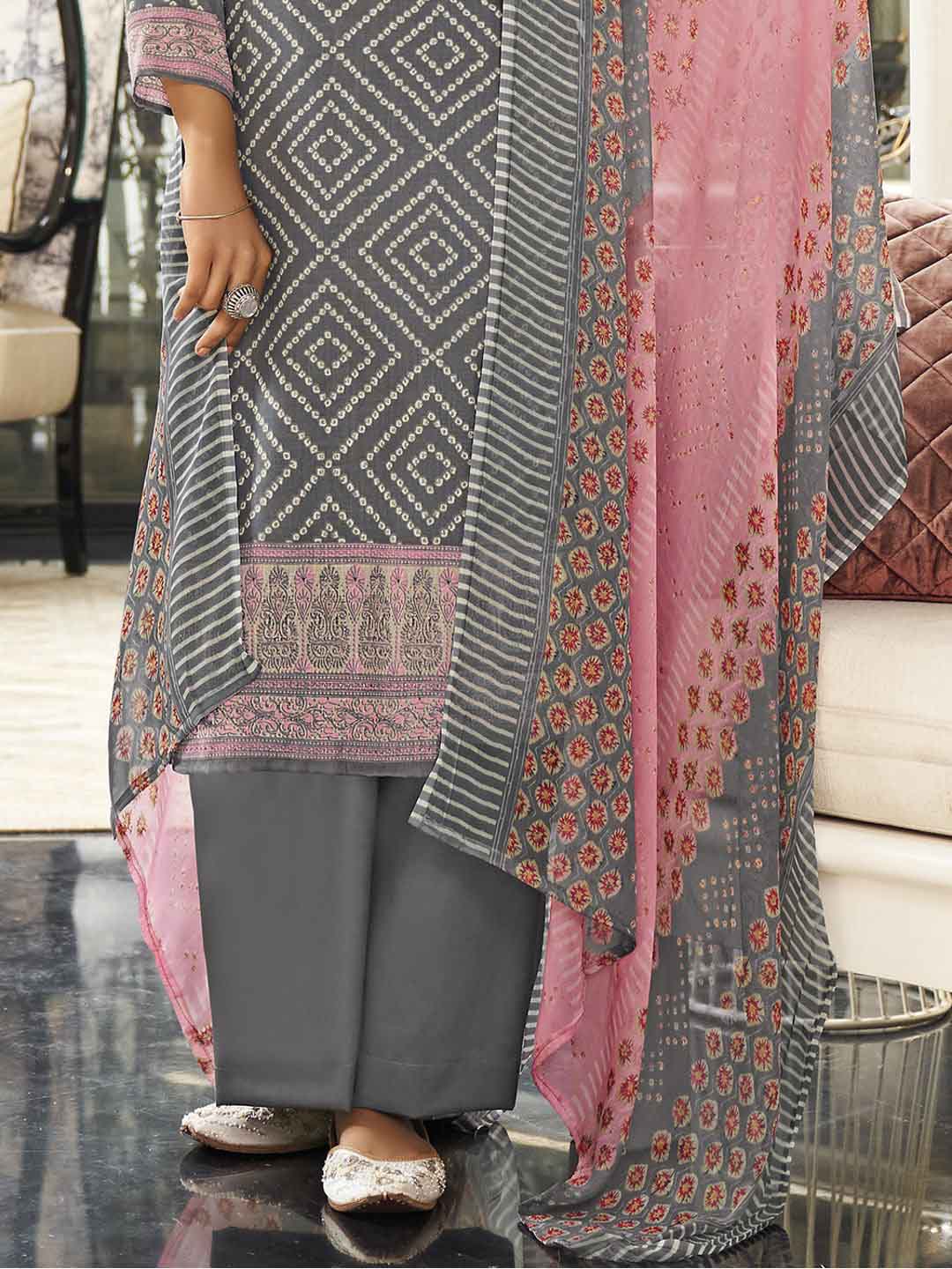 Unstitched Grey Pink Cotton Printed Suit Materials with Dupatta