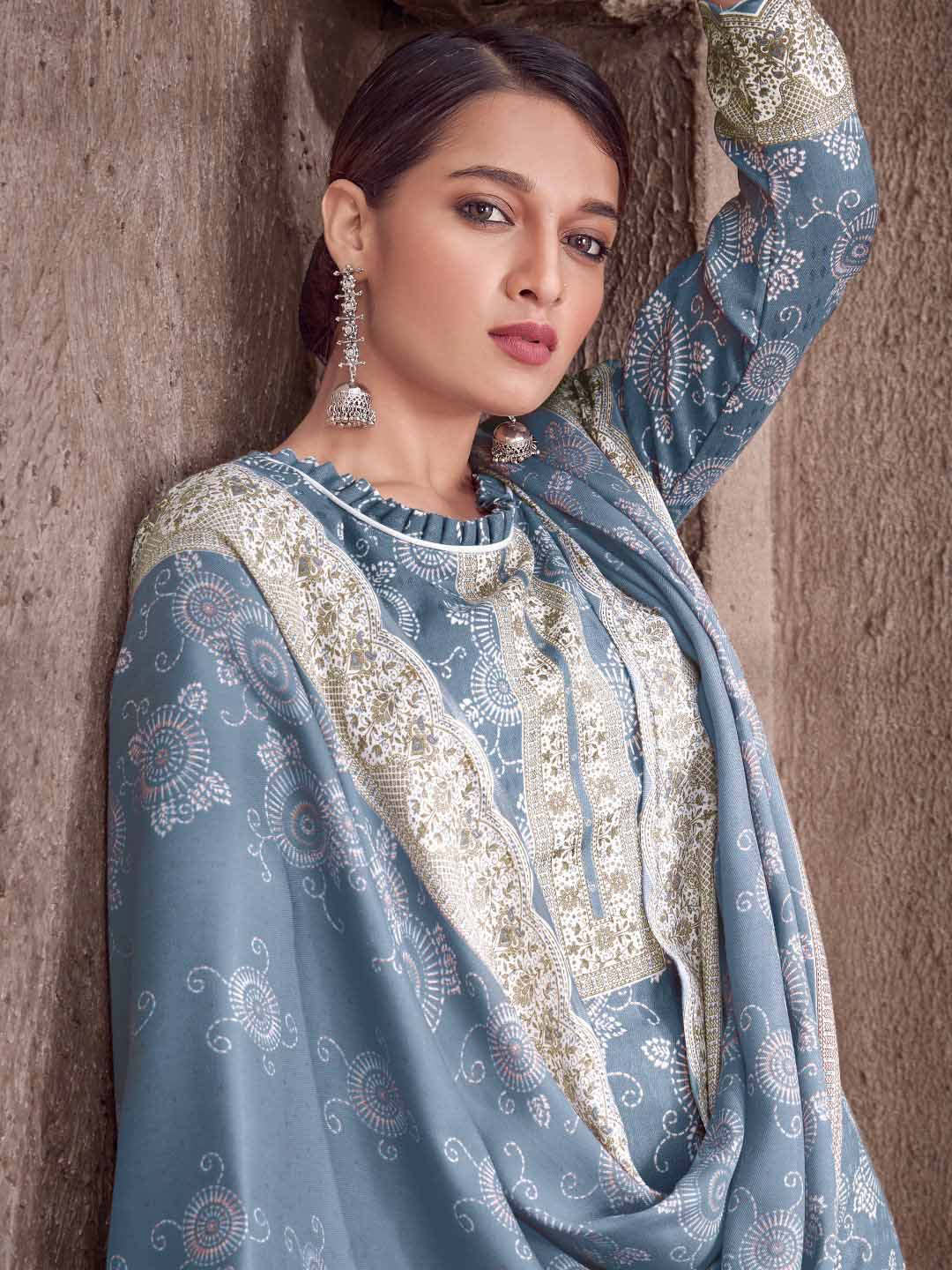 Blue Wool Pashmina Printed Unstitched Winter Suit