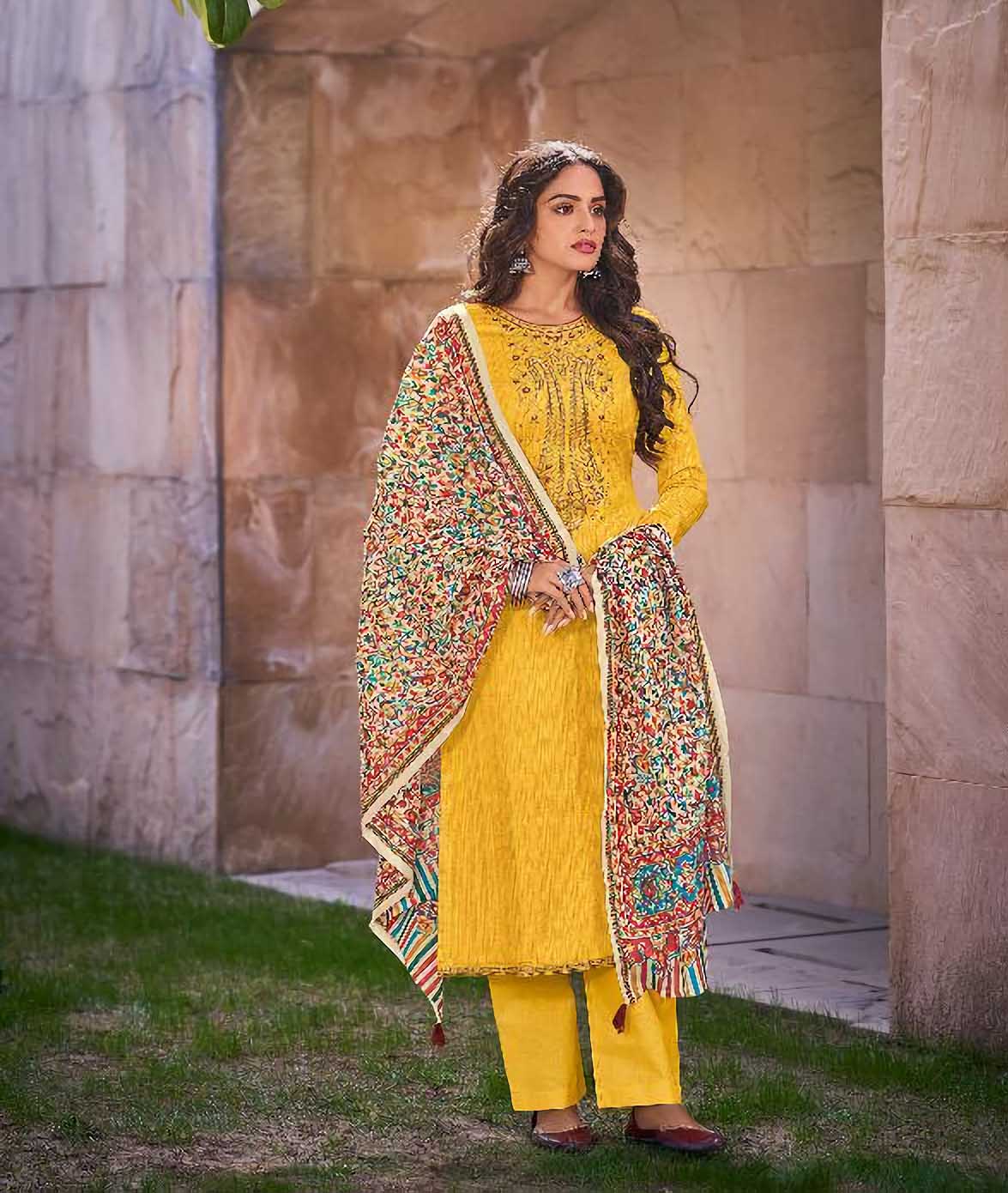 Jam Cotton Unstitched Suits Dress Material With Embroidery Yellow – Stilento