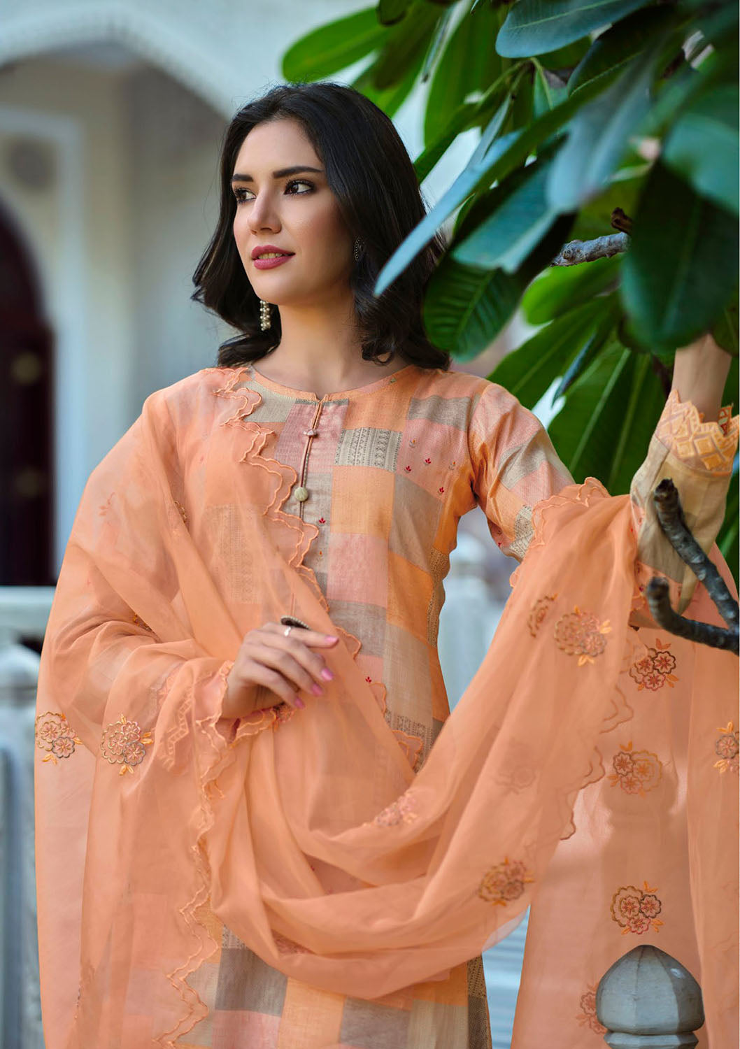 Unstitched Women Cotton Silk Orange Suit Material with Organza Dupatta