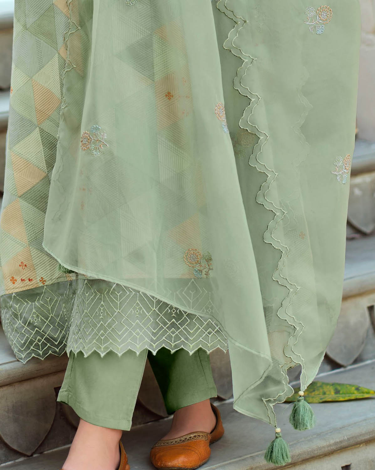 Unstitched Cotton Silk Olive Green Suit Material with Organza Dupatta
