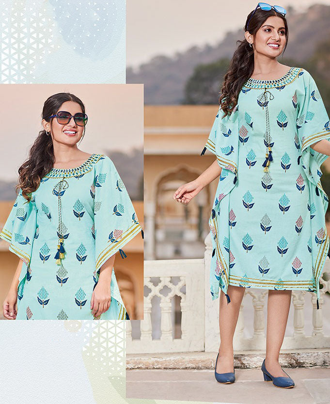 Kajal Style Cotton Green Kaftans Dress with Fancy Embroidery for