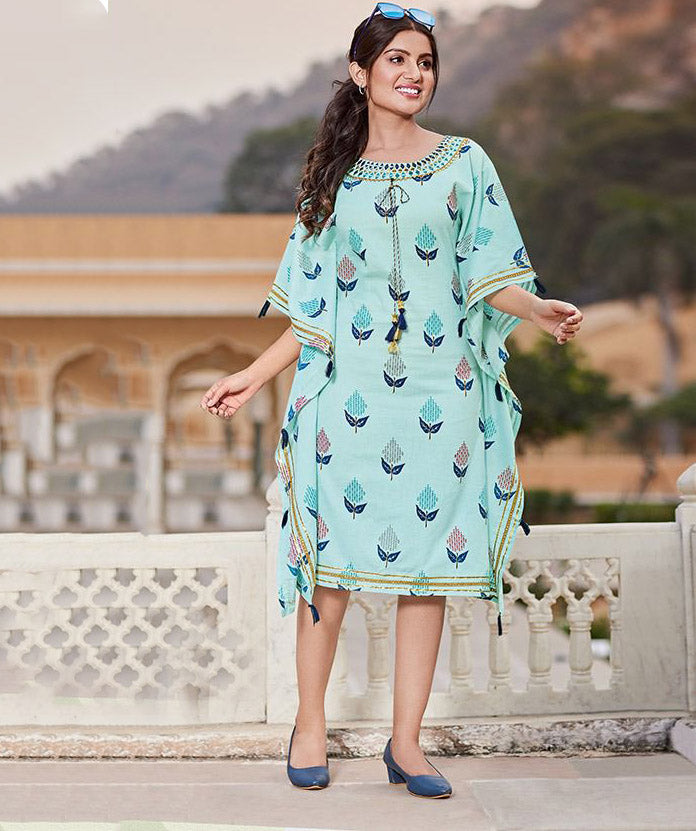Kajal Style Cotton Blue Kaftans with Fancy Embroidery for Women