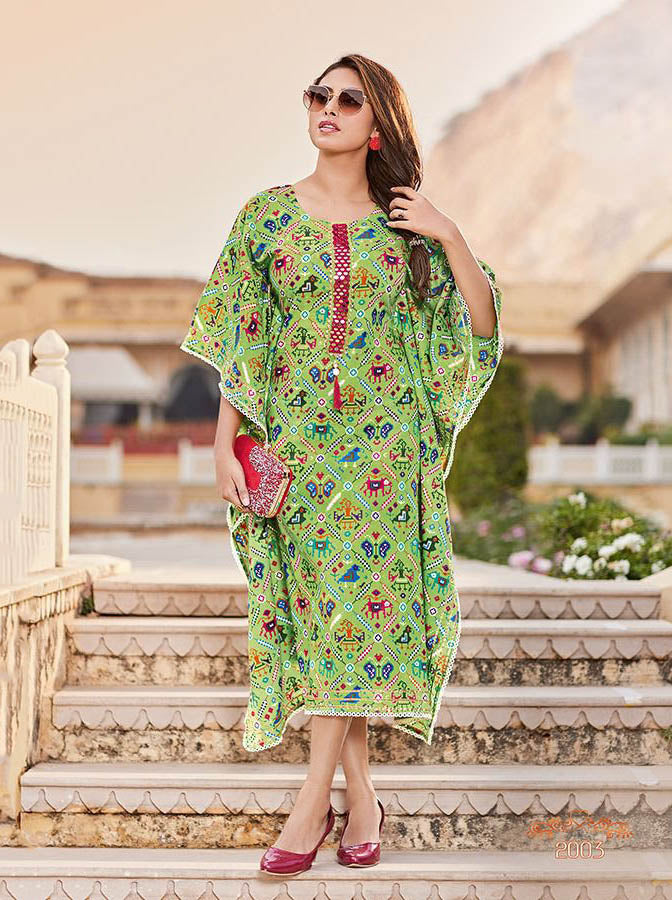 Kajal Style Cotton Green Kaftans Dress with Fancy Embroidery for Women Kajal Style Cotton Green Kaftans Dress with Fancy Embroidery for Women