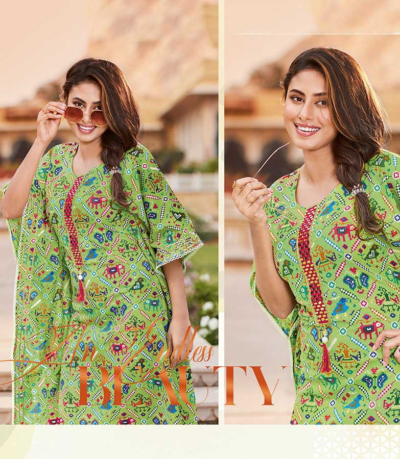 Kajal Style Cotton Green Kaftans Dress with Fancy Embroidery for Women