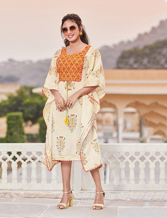 Kajal Style Cotton Green Kaftans Dress with Fancy Embroidery for