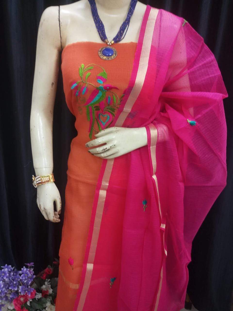 Kota Cotton Orange Embroidered Suit with Purple Dupatta