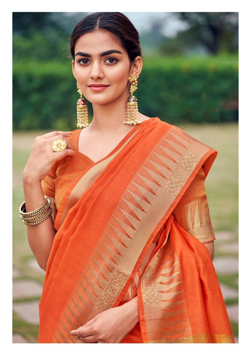 Latest Orange Double Zari Siroski Silk Saree for Women