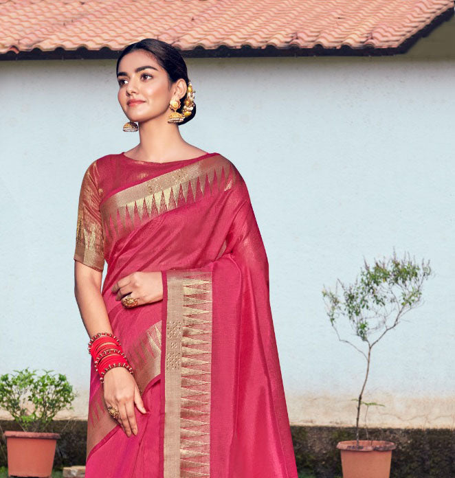 Latest Pink Fancy Double Zari Siroski Silk Saree for Women