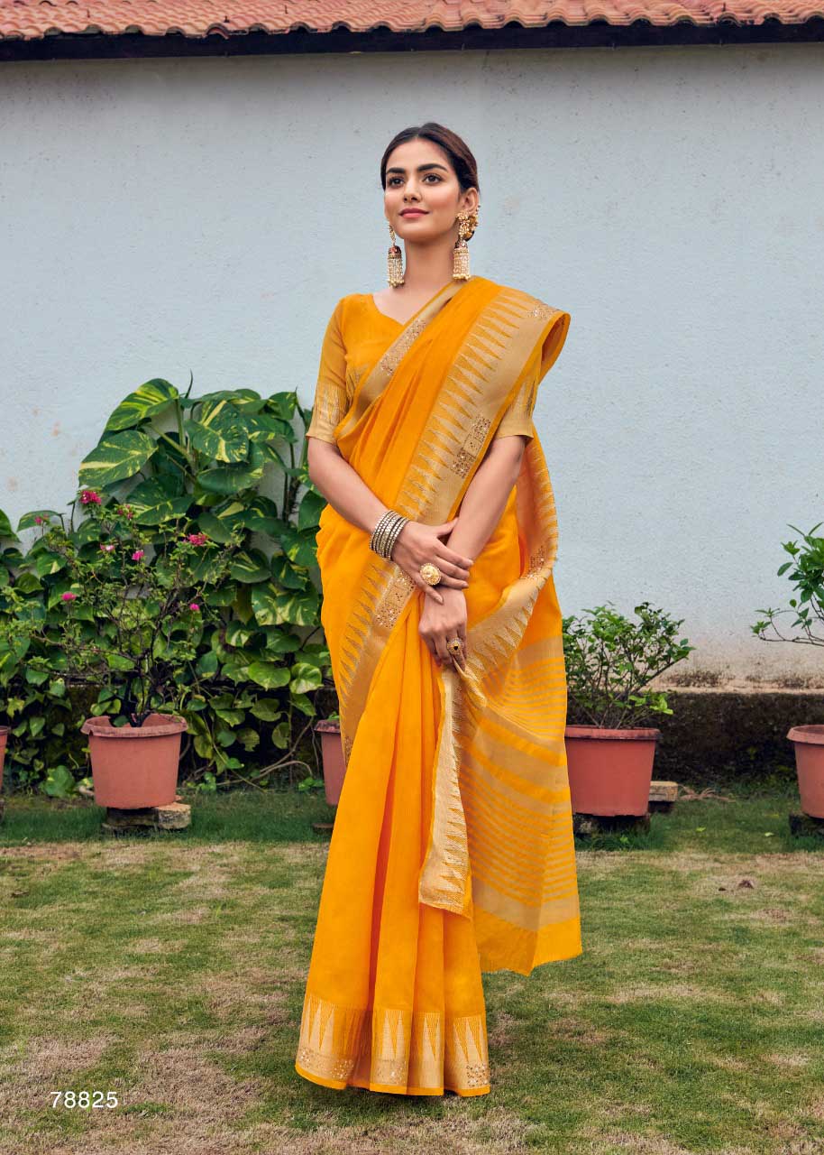 Latest Yellow Fancy Double Zari Siroski Silk Saree for Women