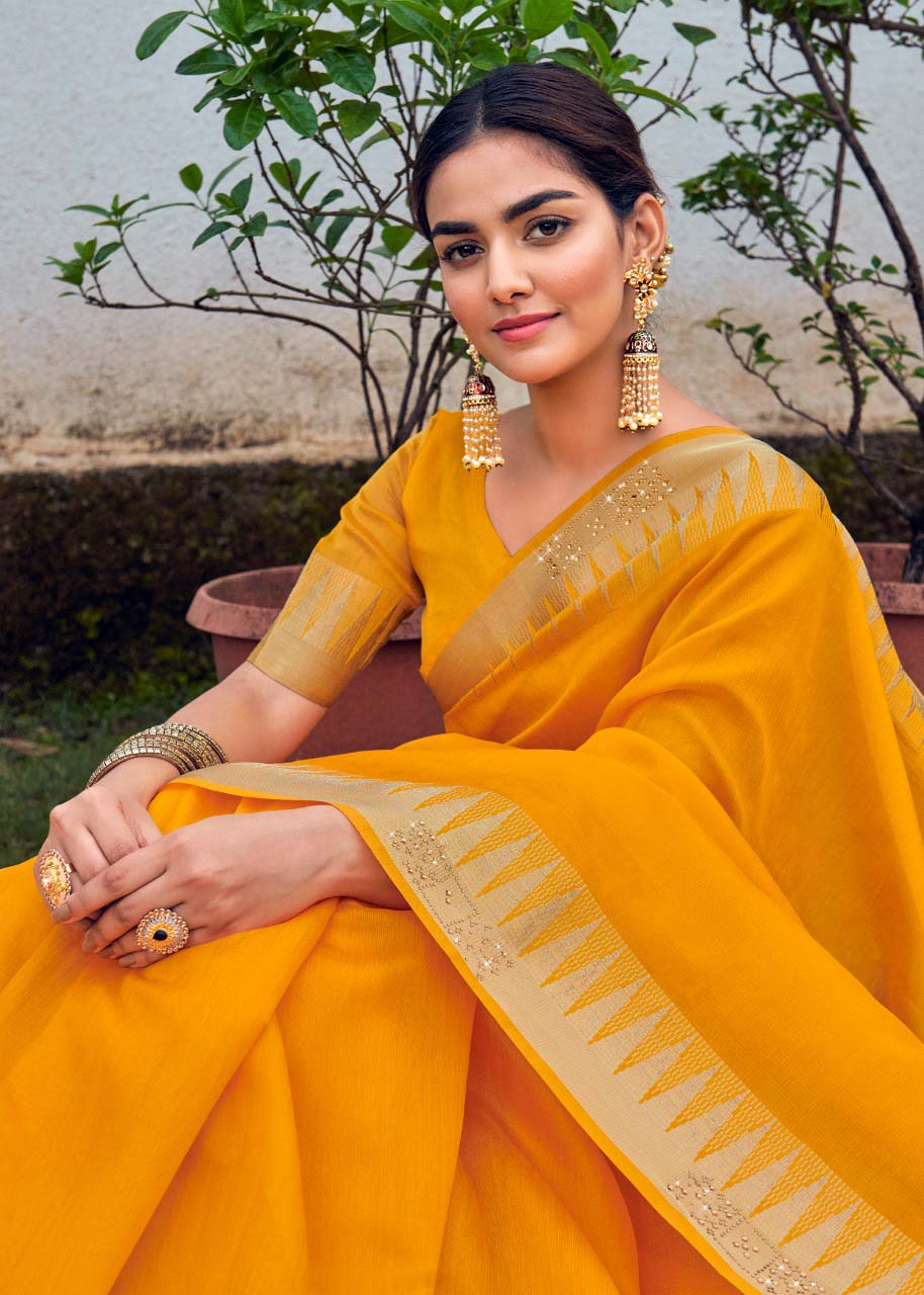 Latest Yellow Fancy Double Zari Siroski Silk Saree for Women