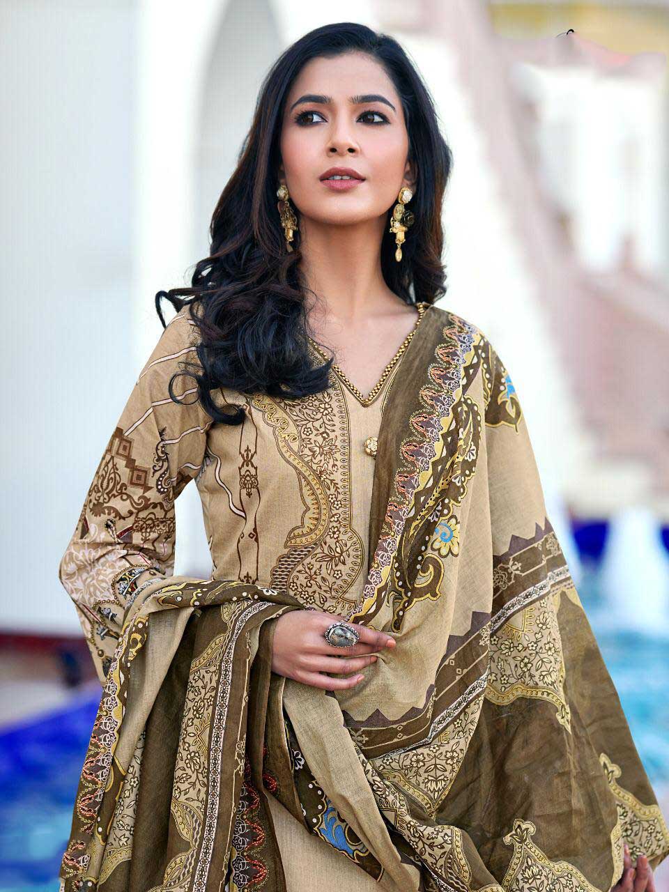Light Brown Pakistani Style Lawn Cotton Suit Material for Women