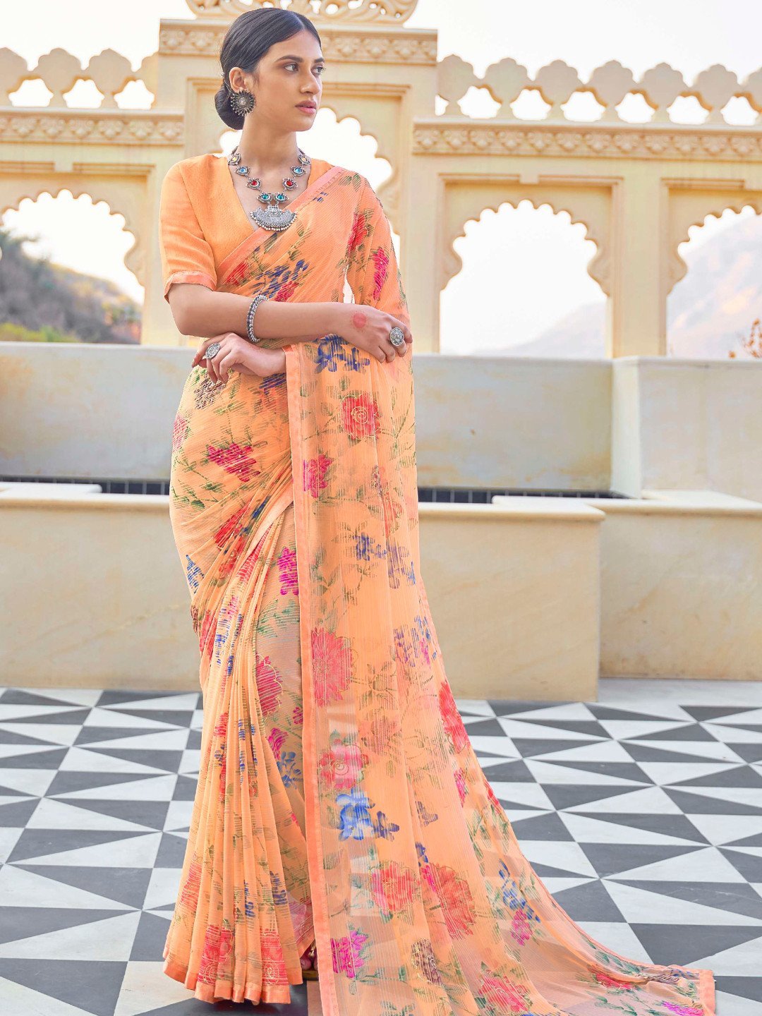 Light Orange Georgette Printed Saree with Lace