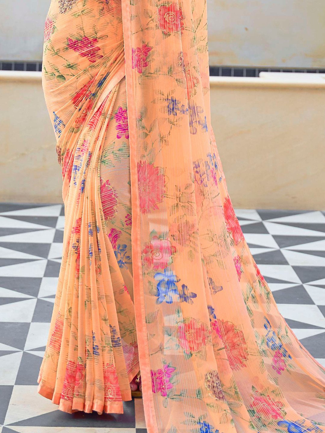 Light Orange Georgette Printed Saree with Lace