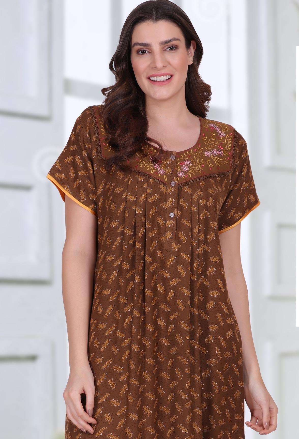 Long Brown Nighty for Woman with Embroidery