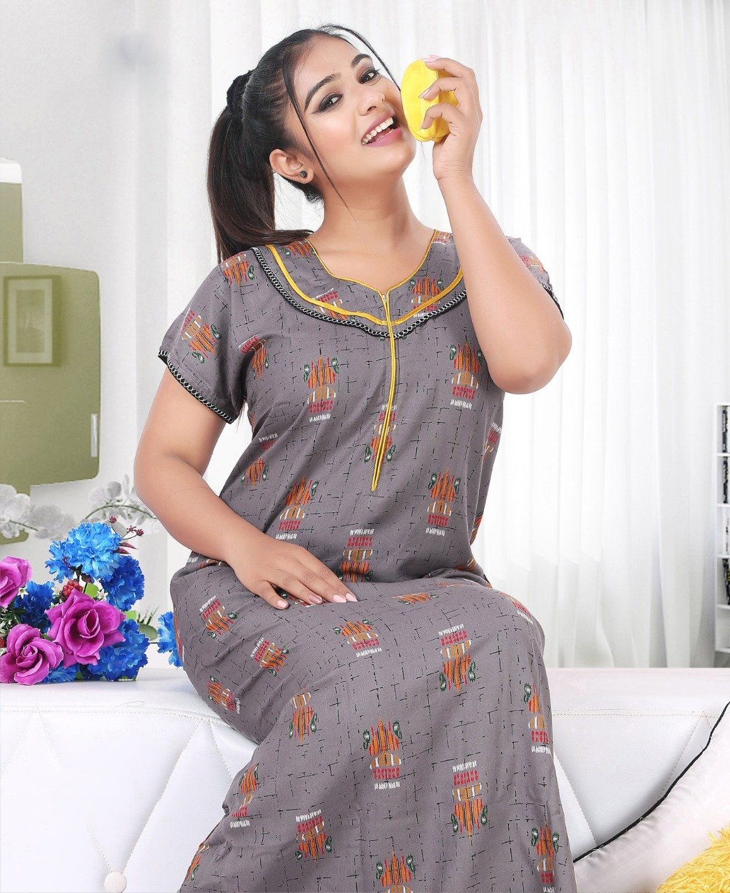 Long Grey Nighty Dress for Women With Zipper – Stilento Long Grey Nighty Dress for Women With Zipper – Stilento