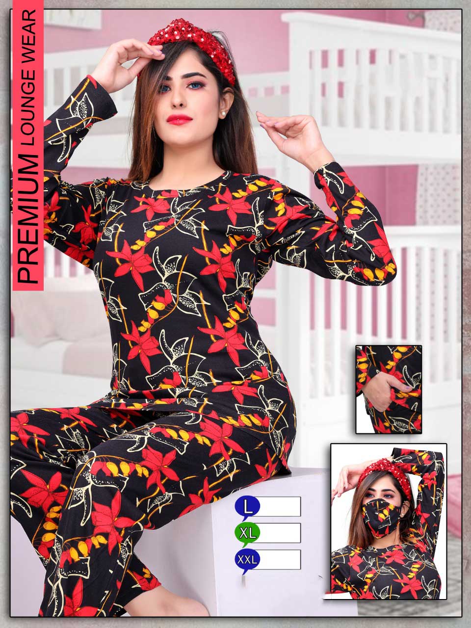 Long Top Full Sleeves Red Cotton Night Suit for ladies