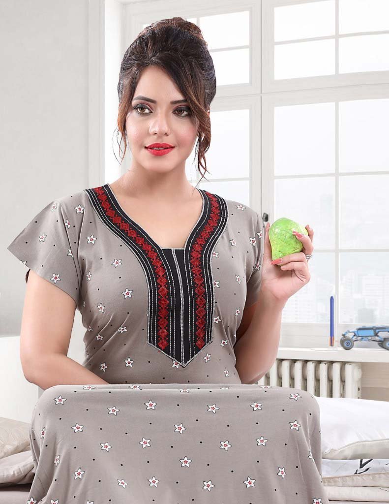 Long Women Cotton Nighty Night Wear with Embroidery for Ladies