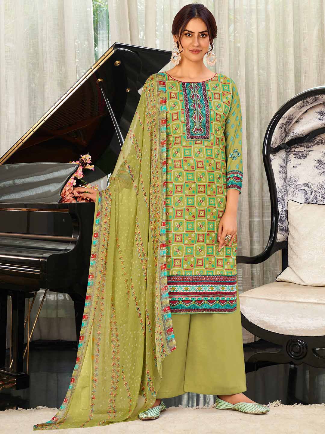 Unstitched Green Cotton Printed Suit Materials for Women with Dupatta