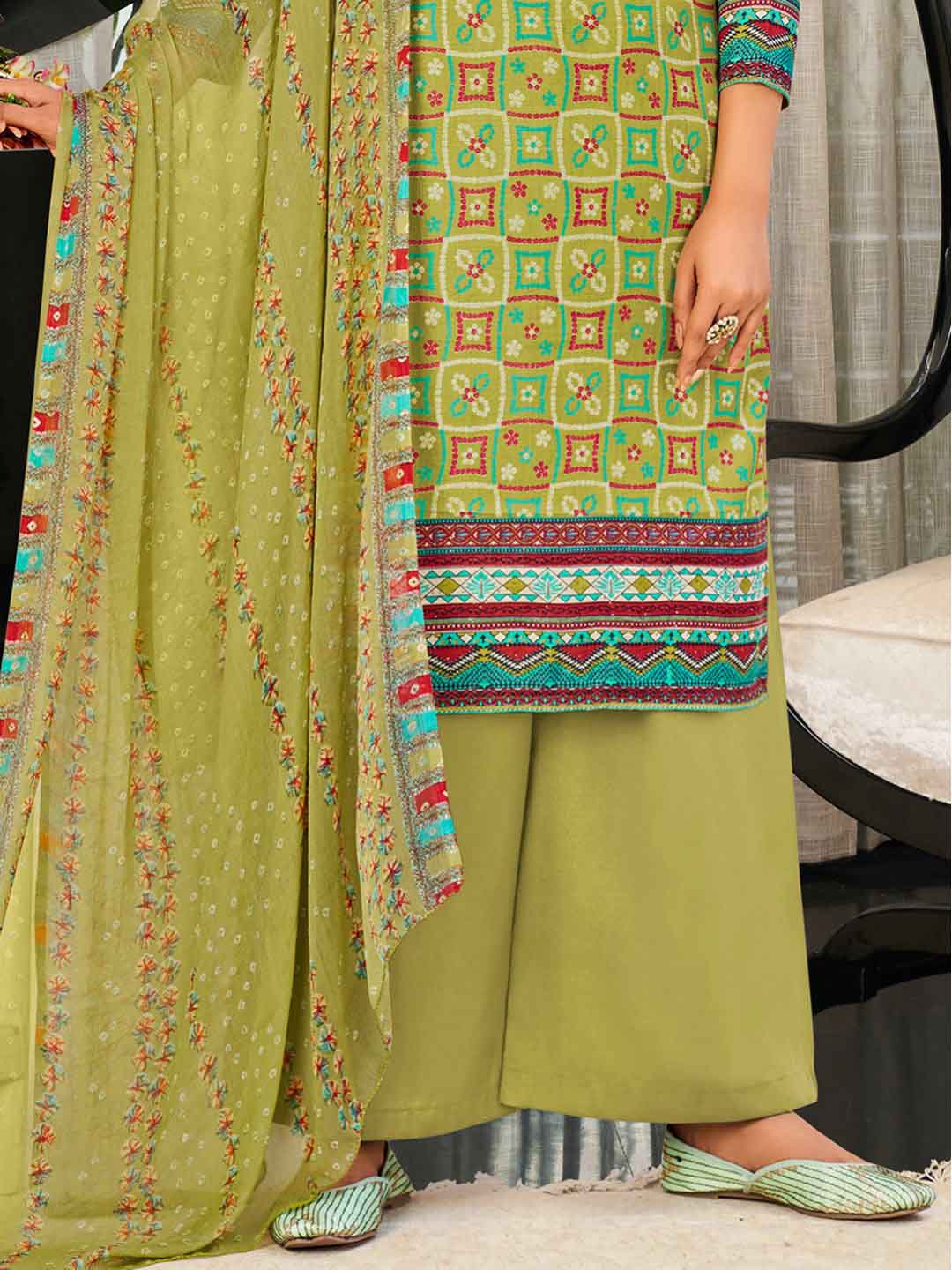 Unstitched Green Cotton Printed Suit Materials for Women with Dupatta