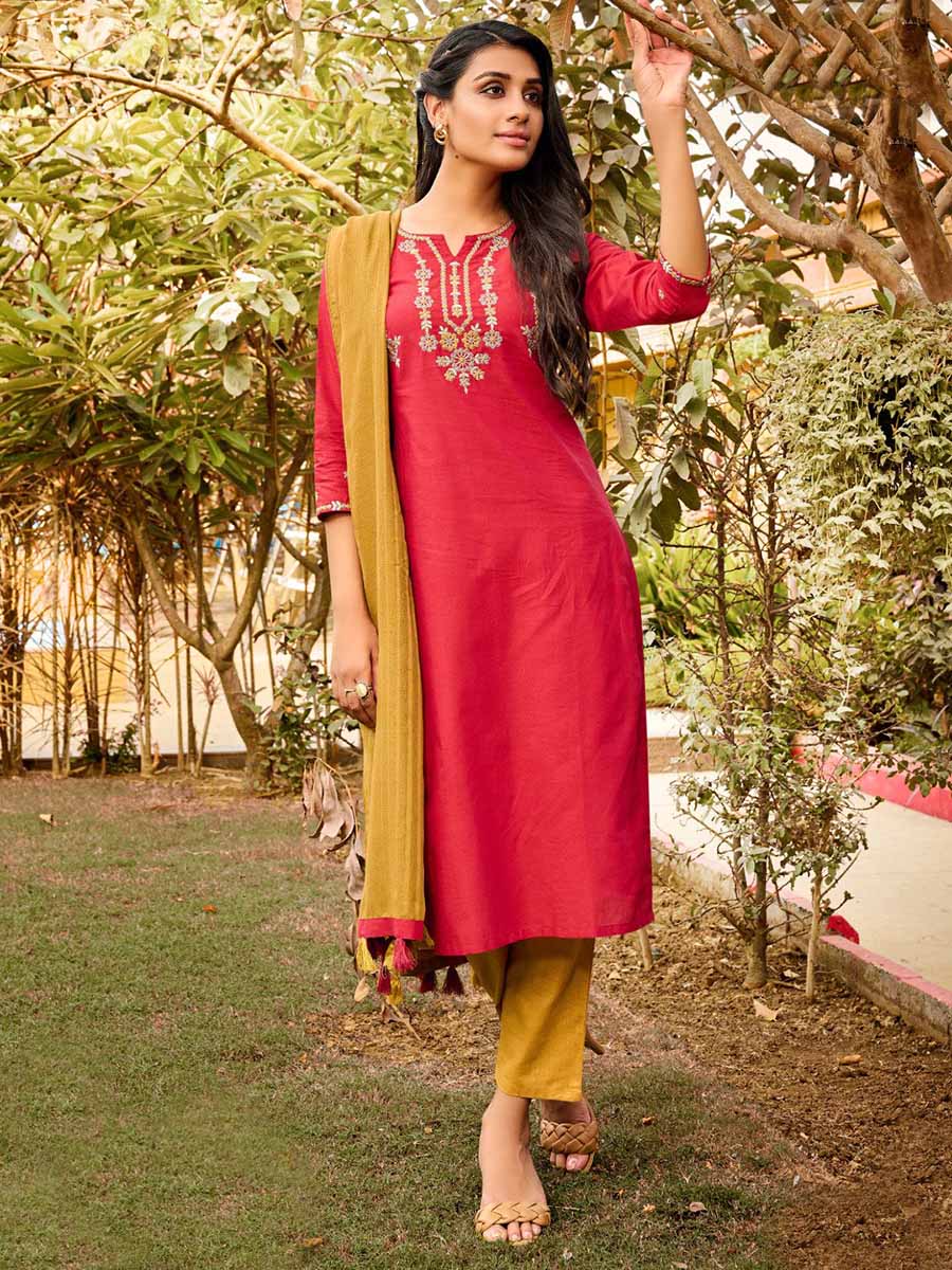 Maroon Cotton Embroidered Readymade Stitched Suit Set