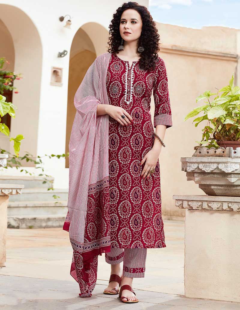 Maroon Cotton Kurti Pant Set with Dupatta