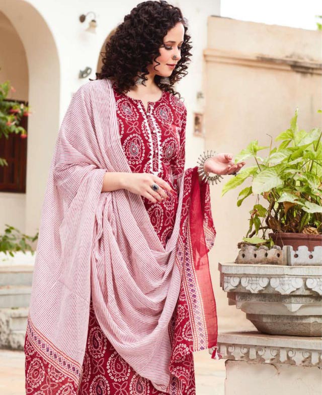 Maroon Cotton Kurti Pant Set with Dupatta