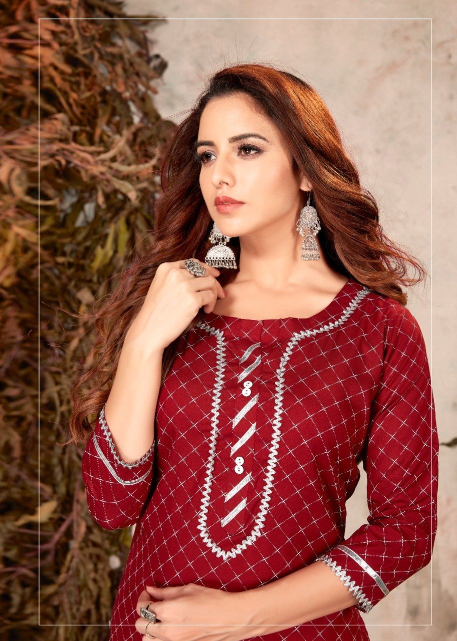 Maroon Rayon Kurta for Women With Gota Patti Work