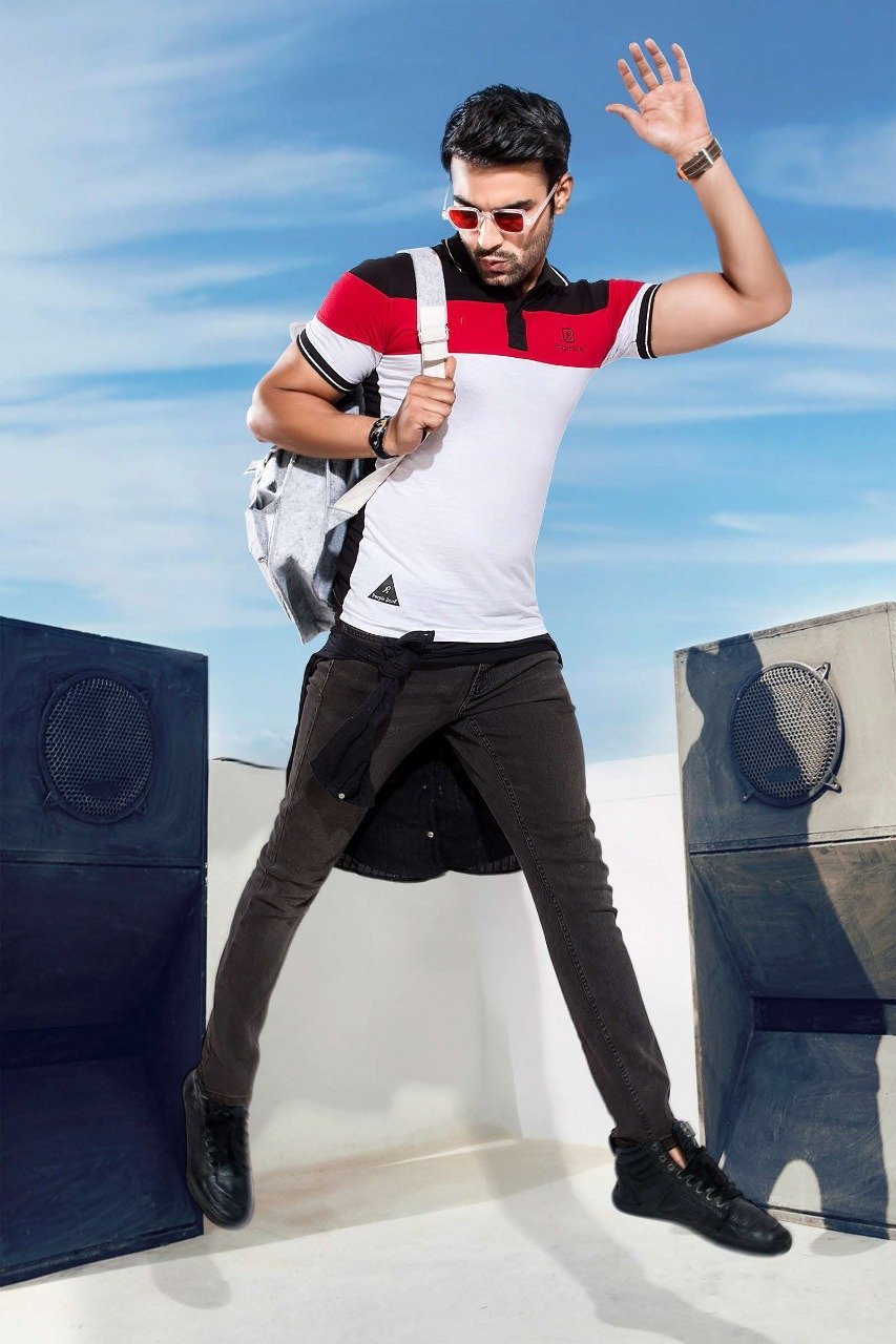 Men's White and Red Cotton T-shirt with Polo collar