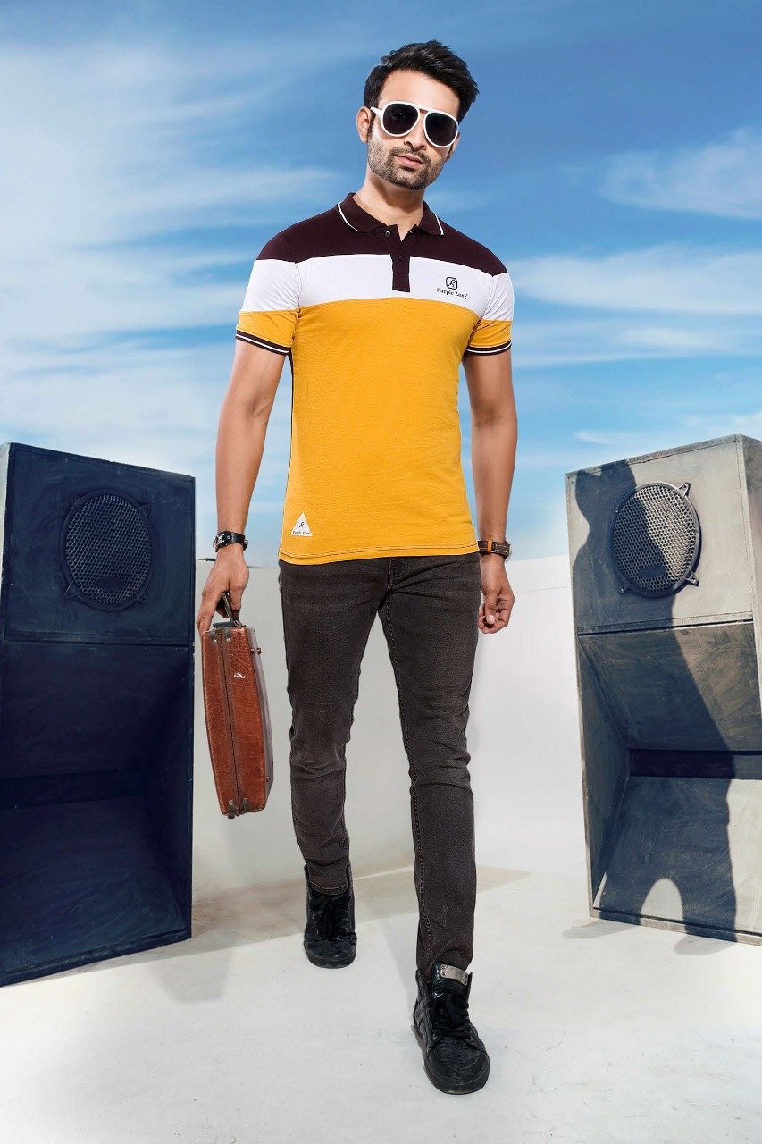 Men's Yellow Cotton T-shirts with Polo collar