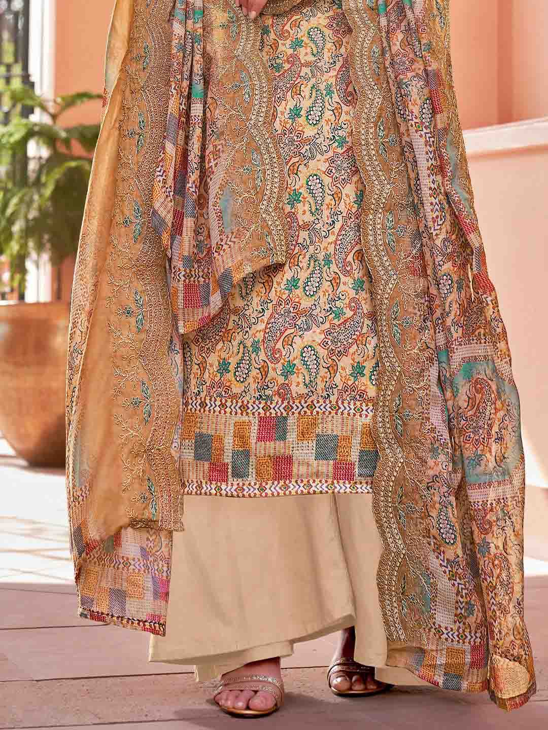 Alok Unstitched Printed Beige Cotton Salwar Suits Set