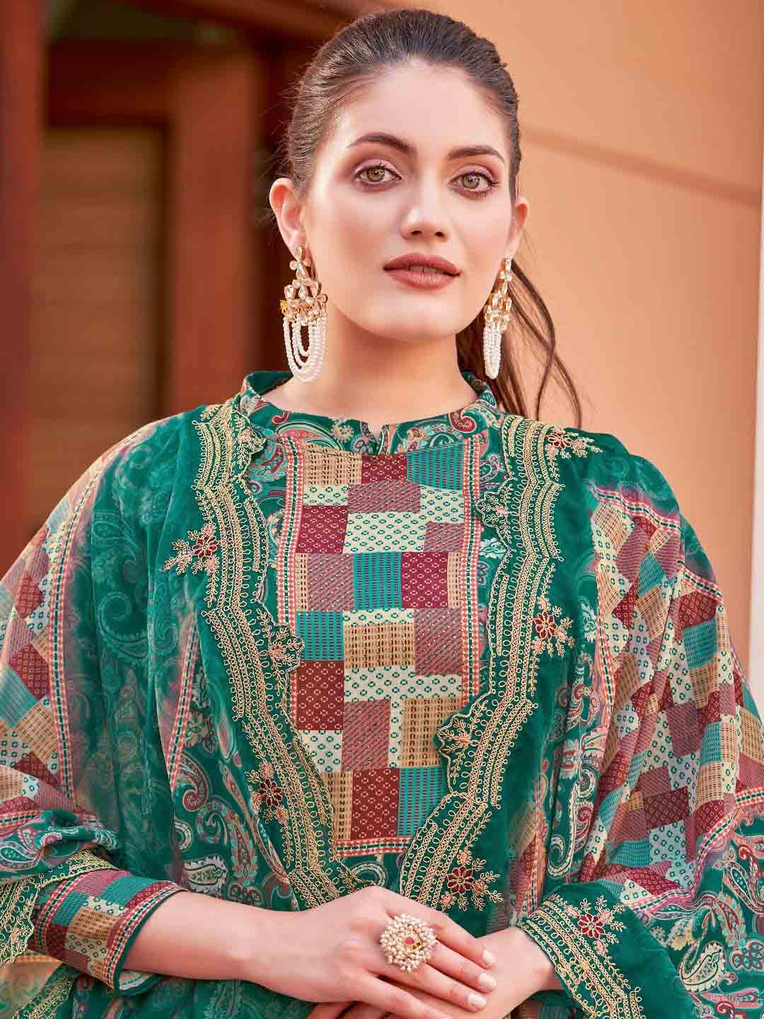 Alok Unstitched Printed Green Cotton Salwar Suits Set