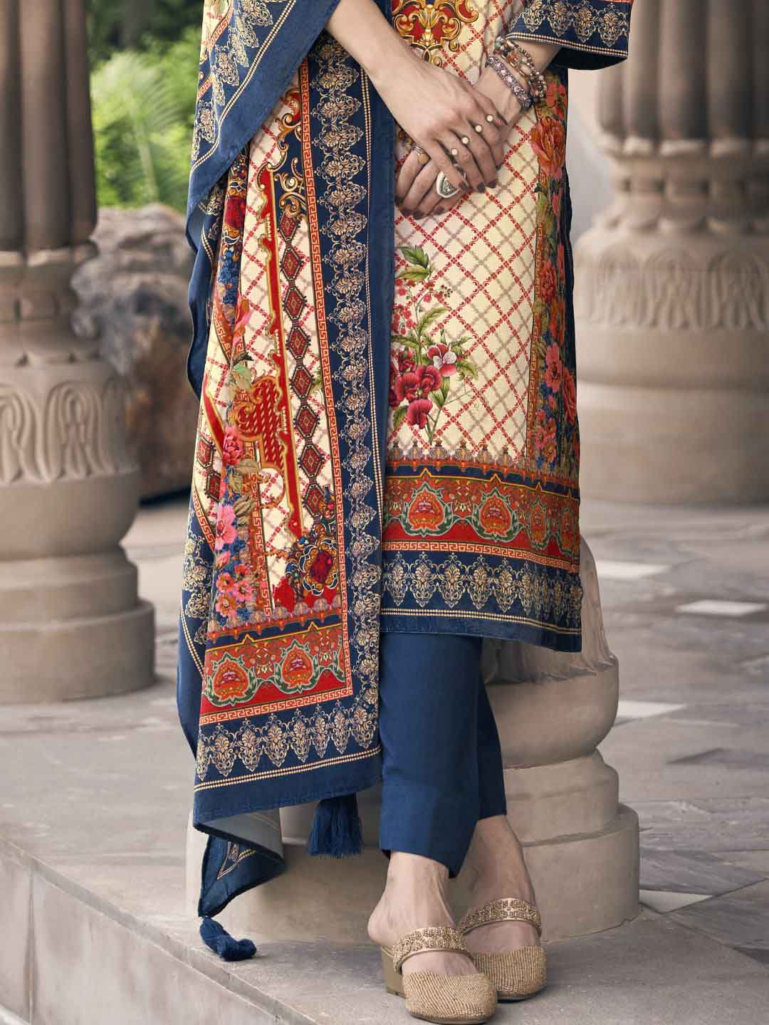 Unstitched Silk Velvet Blue Pakistani Print Winter Suit