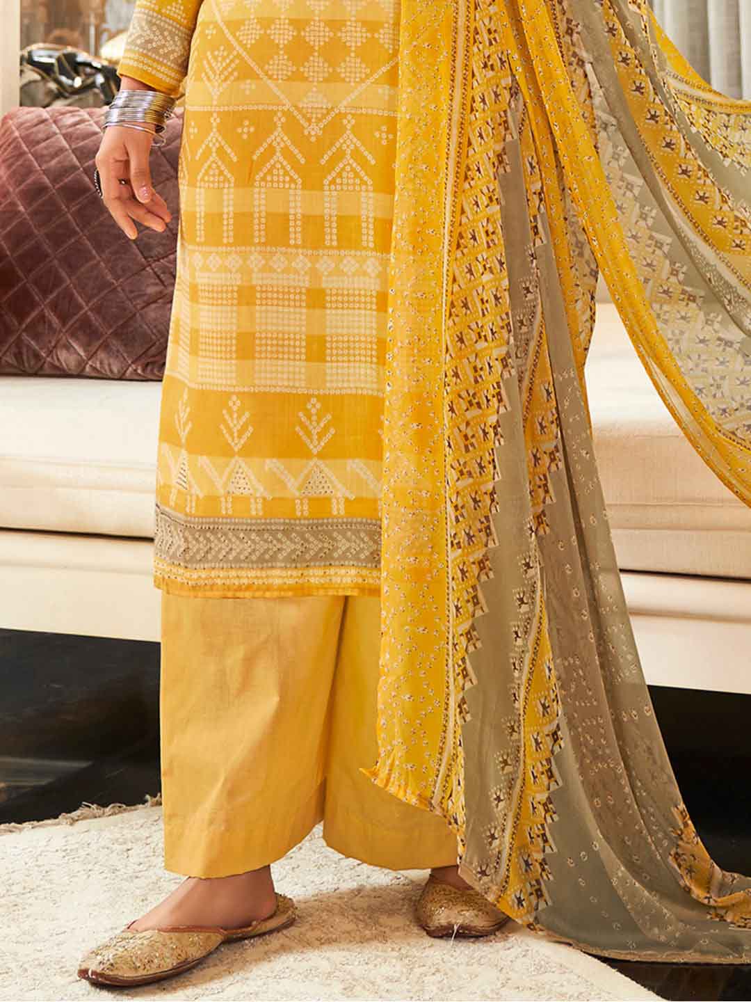 Unstitched Mustard Cotton Printed Suit Materials for Women with Dupatta