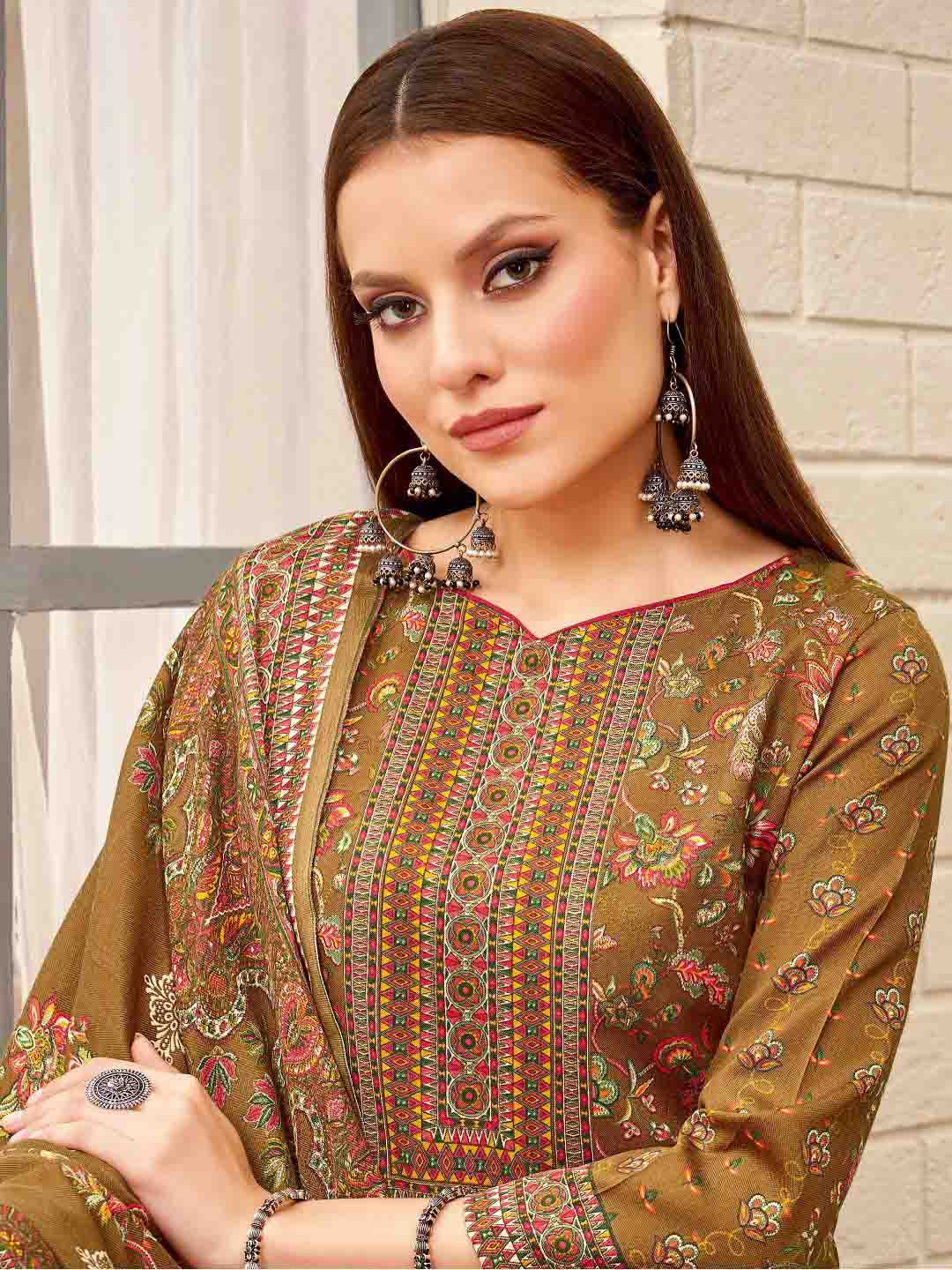 Green Printed Spun Pashmina Unstitched Winter Suit